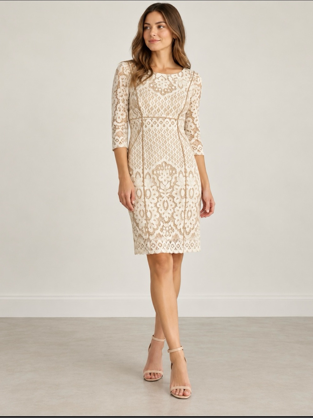 Women's Cream Lace Midi Dress with Floral Overlay